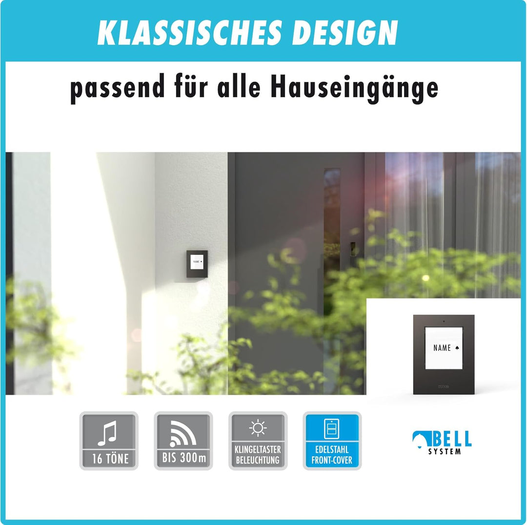 m-e Funkklingel BELL-521 AC Edelstahl Anthrazit mit Sender und Empfänger für 1-Familienhaus, Erweite