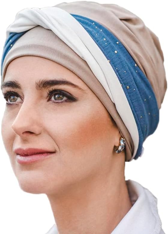 CAREBELL Elegance Denim Palms Turban-Mütze aus Bambus für Chemotherapie oder Alopezie