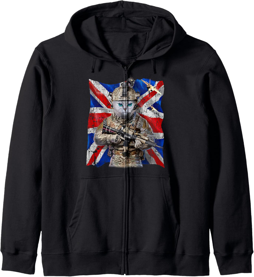 Weisse Katze als Infanterist mit Union Jack Kapuzenjacke