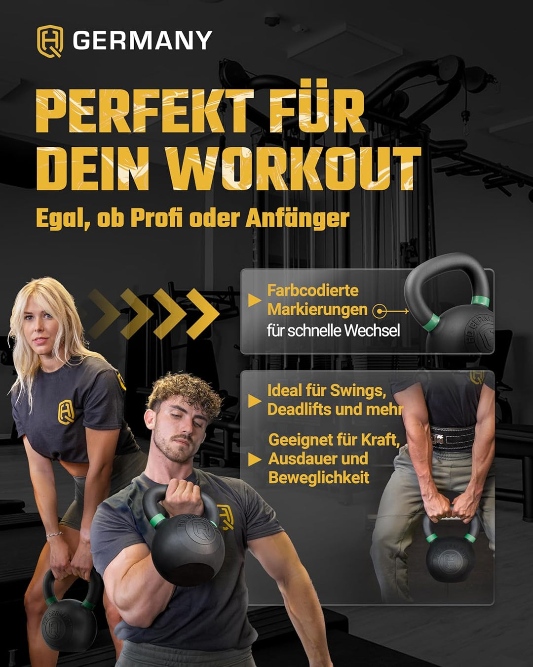 HQ Germany® Kettlebell Powdercoat [Pulverbeschichtung] - Kugelhantel 2-32kg | Vollguss ohne Schweiss