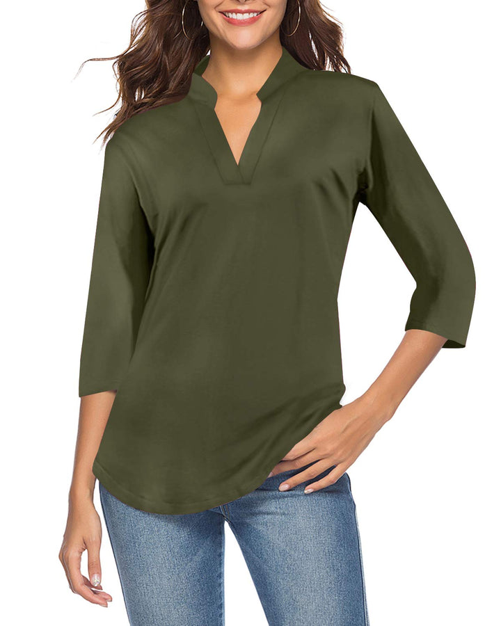CEASIKERY Damen-Top mit 3/4-Ärmel und V-Ausschnitt, lässige Tunika, lockere Bluse, Shirt, Armee-Grün