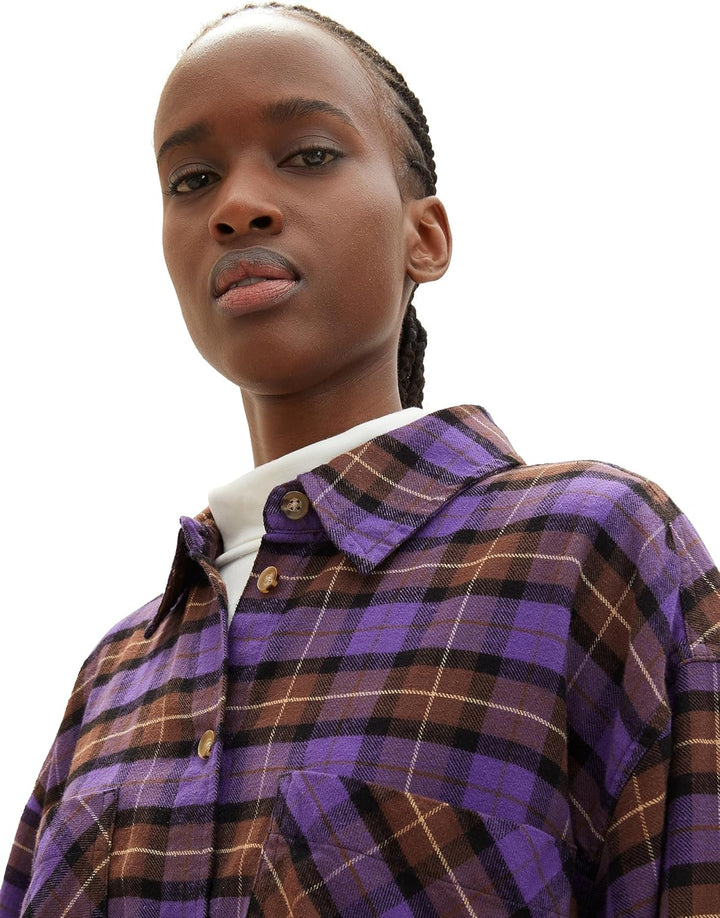 TOM TAILOR Denim Damen Oversized Flanell Bluse mit Karomuster M 32415 - Lilac Check, M 32415 - Lilac
