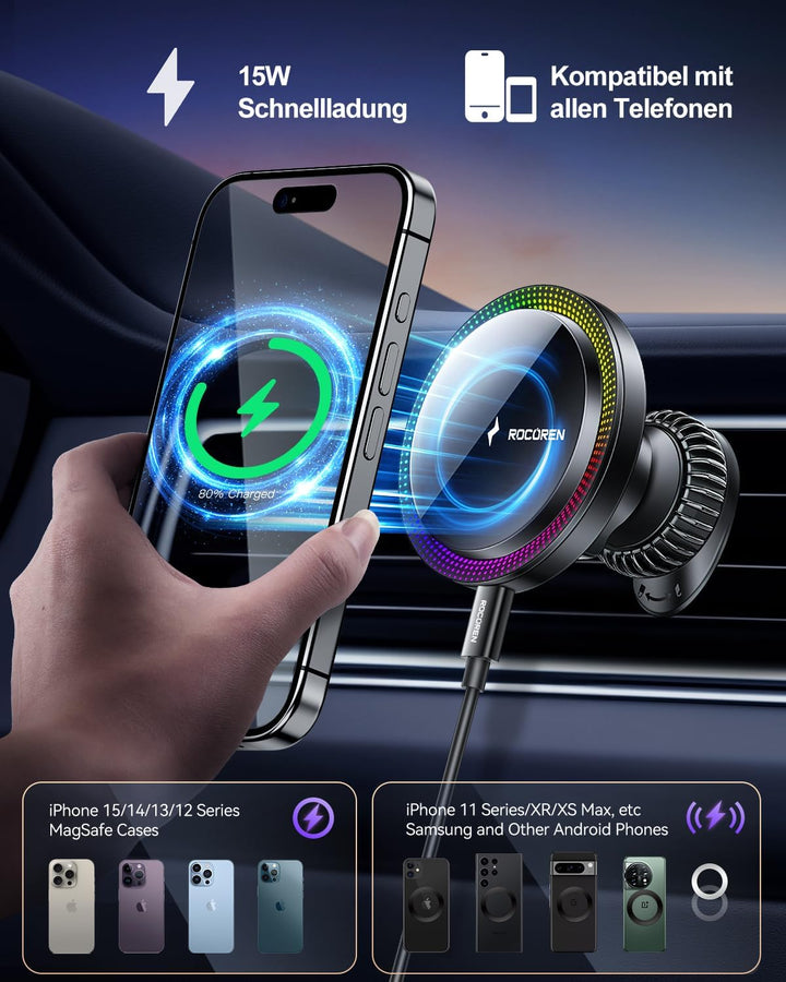 Rocoren für MagSafe Autohalterung mit Ladefunktion, 15W für MagSafe Ladegerät Auto Lüftung, Kfz Hand
