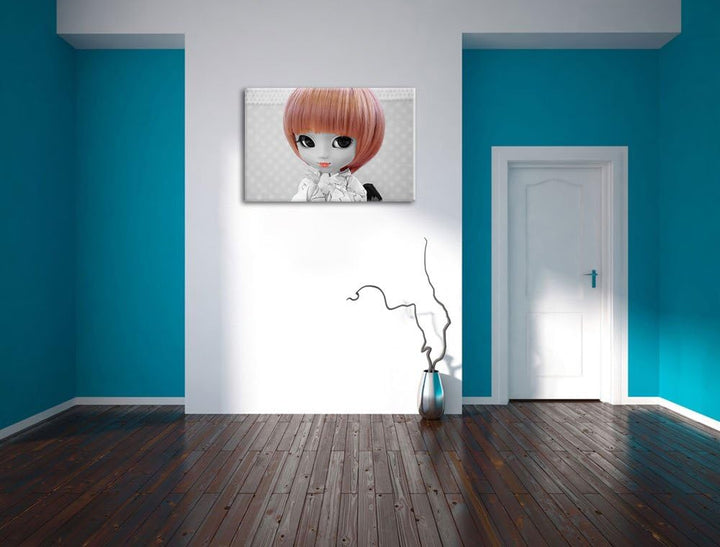 hübsche Puppe im traditionellen Kimono schwarz/weiss auf Leinwand, XXL riesige Bilder fertig gerahmt