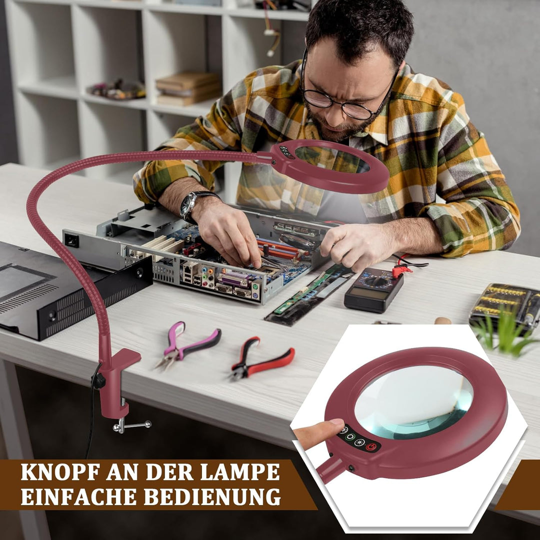 Veemagni 12X Lupe mit Licht und Klemme, Echtes Glas Lupenlampe, 5 Farbmodi Stufenlos Dimmbare, 23 Zo