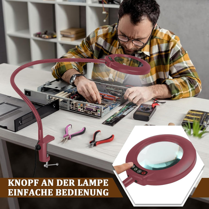 Veemagni 12X Lupe mit Licht und Klemme, Echtes Glas Lupenlampe, 5 Farbmodi Stufenlos Dimmbare, 23 Zo