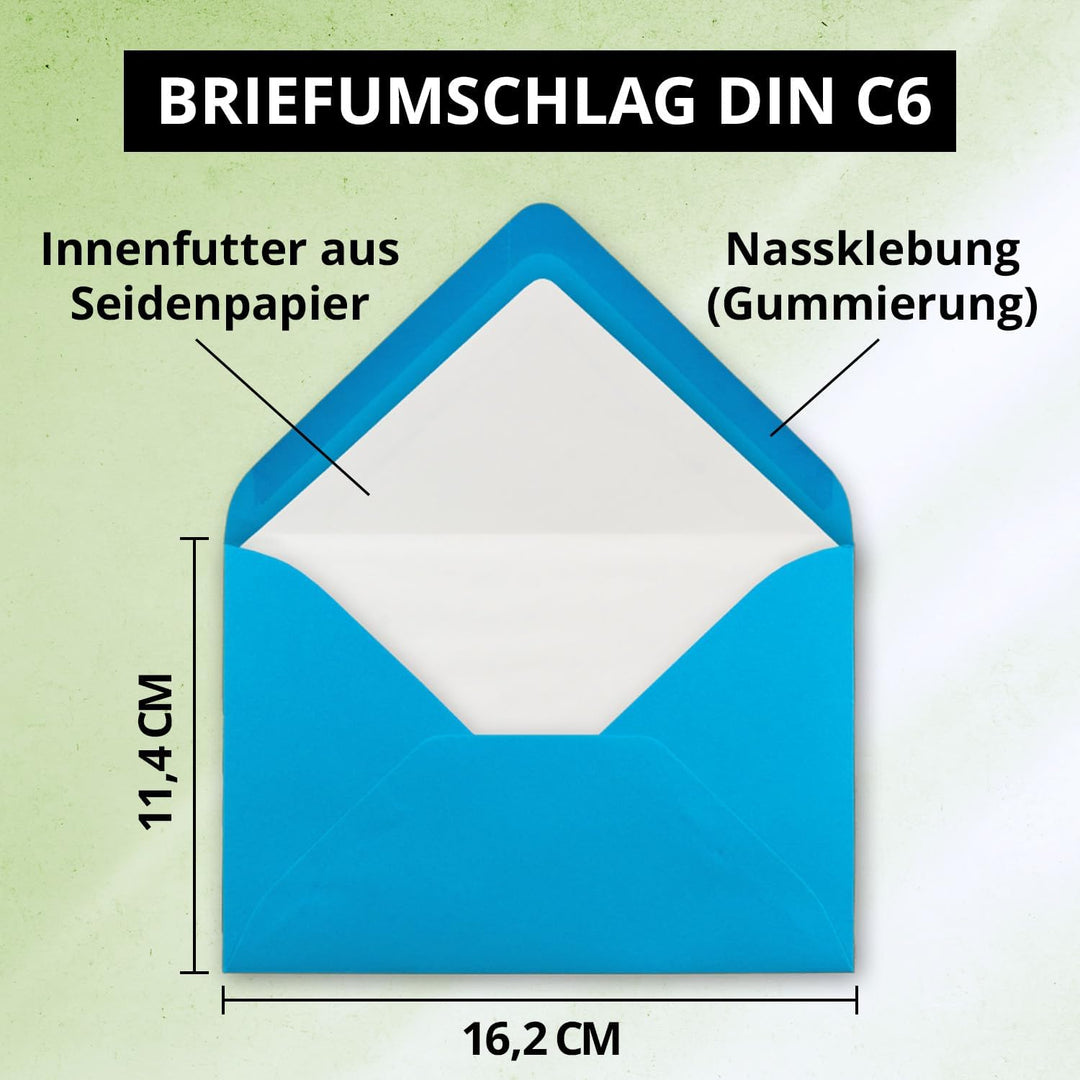 250 Briefumschläge Azurblau (Blau) - DIN C6 - gefüttert mit weissem Seidenpapier - 100 g/m² - 11,4 x
