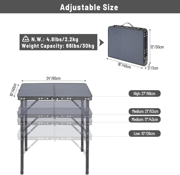 REDCAMP Kleiner Klapptisch Höhenverstellbar, Leichter Tragbarer Campingtisch 60 cm L x 40 cm B (4 Hö