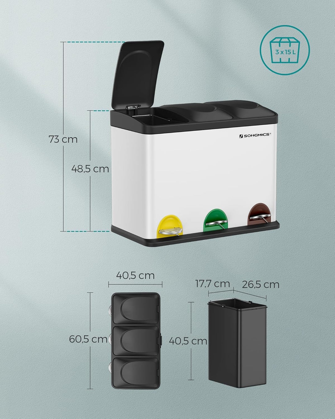 SONGMICS Mülleimer Küche, Mülltrennsystem 3 Fächer, Abfalleimer, 45 Liter Treteimer aus Metall, 3 x