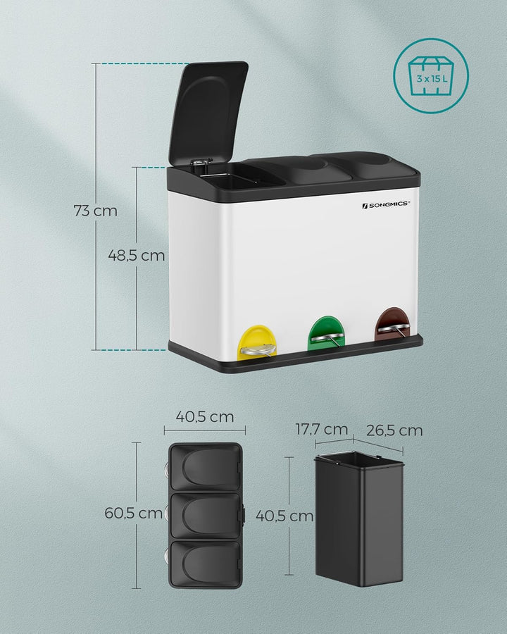 SONGMICS Mülleimer Küche, Mülltrennsystem 3 Fächer, Abfalleimer, 45 Liter Treteimer aus Metall, 3 x