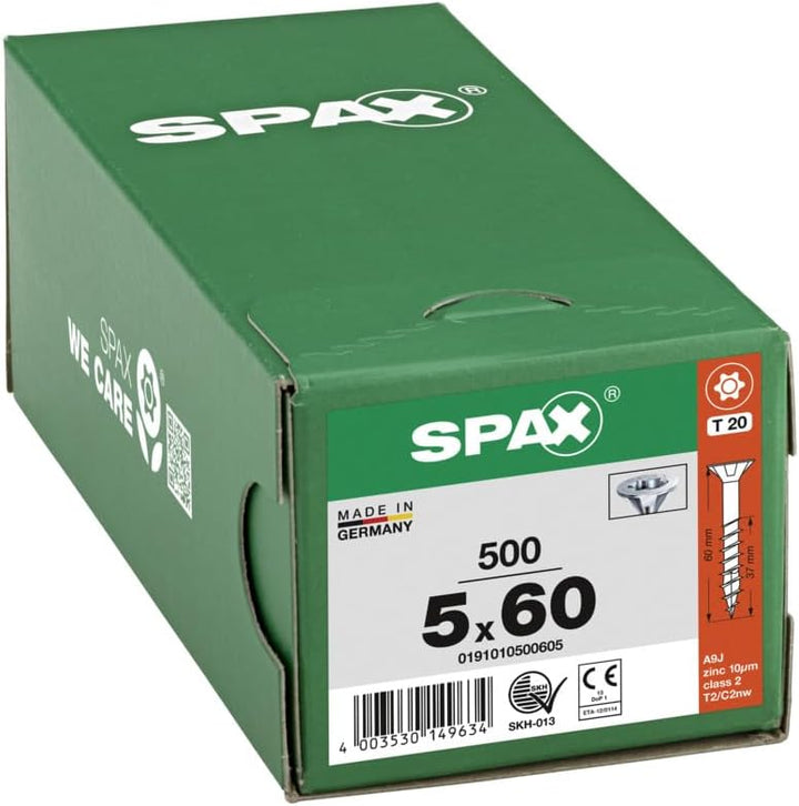 SPAX Universalschraube, 5,0 x 60 mm, 500 Stück, T-STAR plus, Senkkopf, Teilgewinde, 4CUT, WIROX A3J,