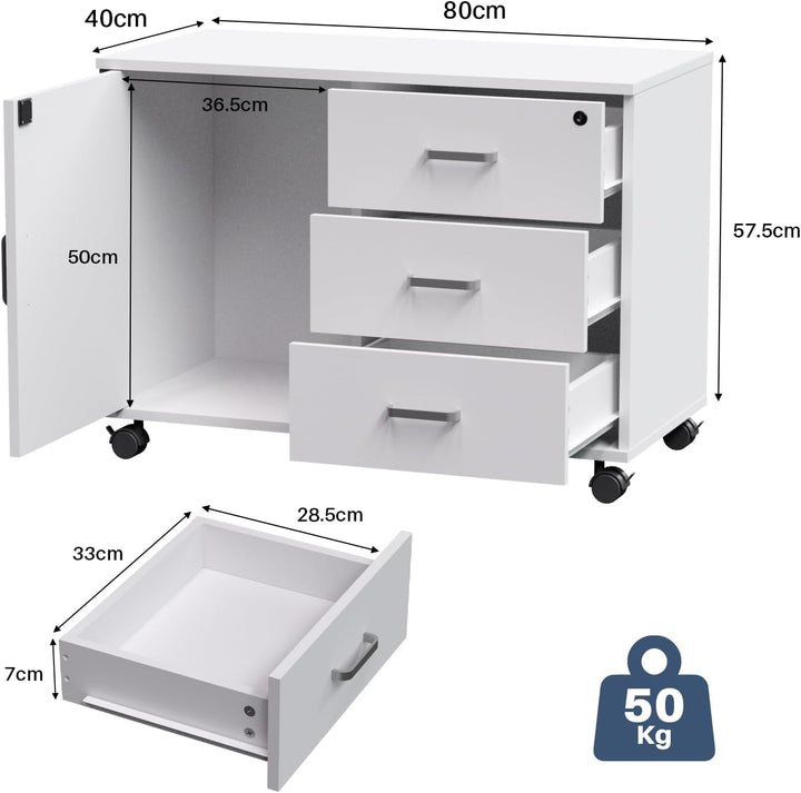 Rollcontainer mit 3 Schubladen und 1 Tür, Abschliessbarer Aktenschrank Büroschrank mit Rollen, Mobil