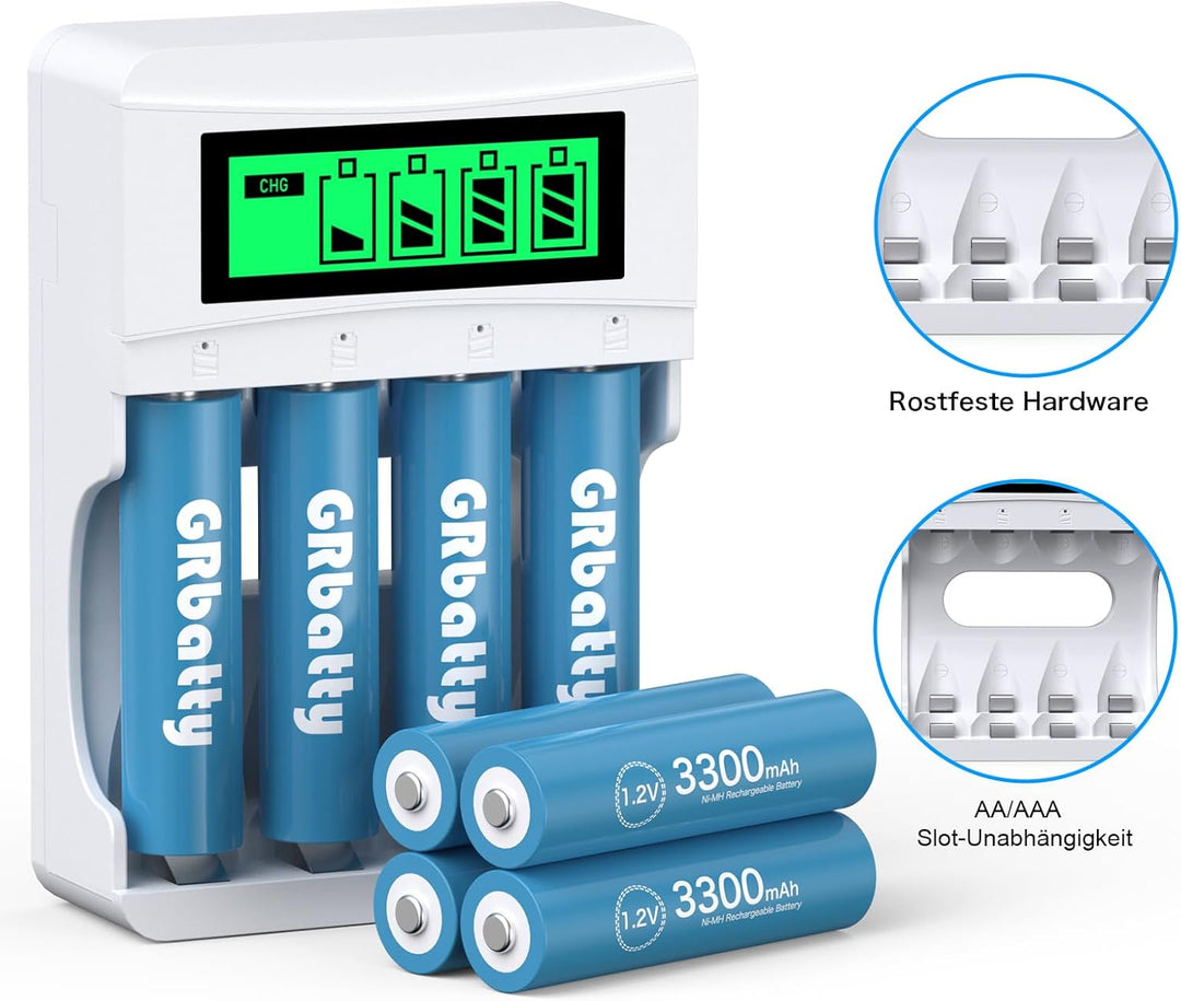 GRbatty 8 AA NiMH Wiederaufladbare Akkus 3300mAh -1.2V Hohe Kapazität 1200 Zyklen Vorgeladene Doppel