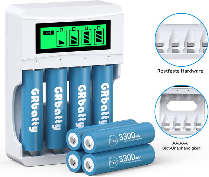 GRbatty 8 AA NiMH Wiederaufladbare Akkus 3300mAh -1.2V Hohe Kapazität 1200 Zyklen Vorgeladene Doppel
