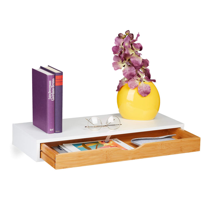 Relaxdays Wandregal mit Schublade, HxBxT: 8 x 60 x 24 cm, Wandschublade skandinavisches Design, MDF,