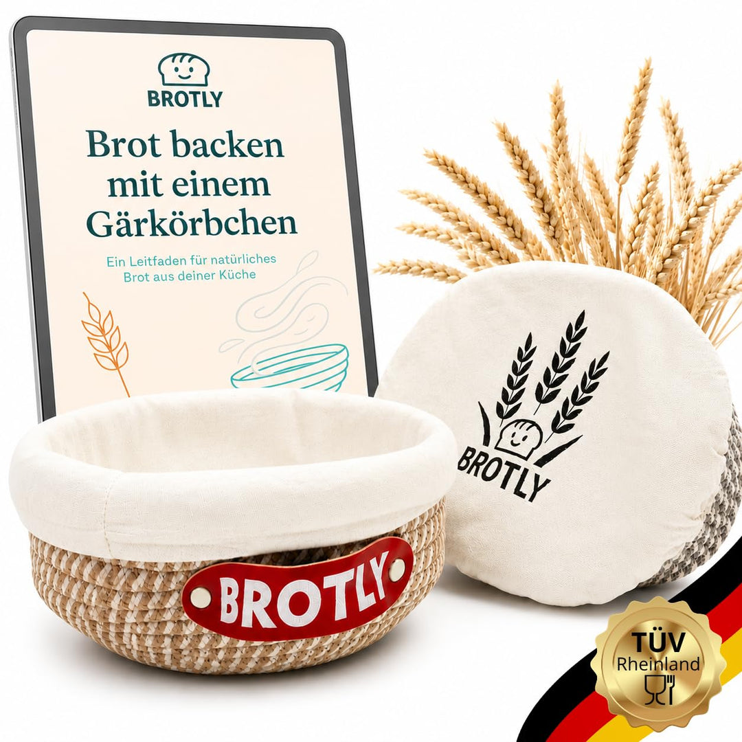 BROTLY - Gärkörbchen Set – Baumwolle rund &amp; oval, lebensmittelecht TÜV geprüft, inkl. gratis Rezept