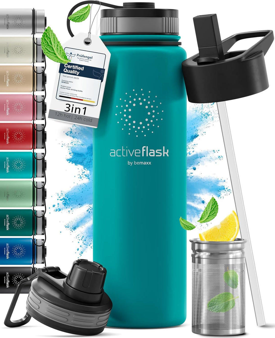 Trinkflasche Edelstahl ACTIVE FLASK + Strohhalm (3 Deckel) BPA-frei, Auslaufsicher, Kohlensäure geei