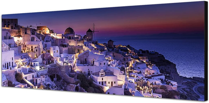 Paul Sinus Art Panoramabild auf Leinwand und Keilrahmen 150x50cm Griechenland Santorini Vollmond Mee