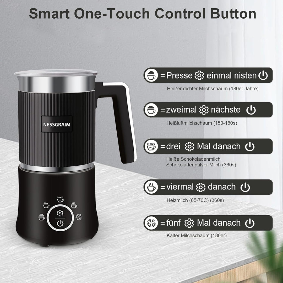 Milchaufschäumer Elektrisch 5-in-1, Milchschäumer Spülmaschinenfest mit Kakao Funktion für heisser S