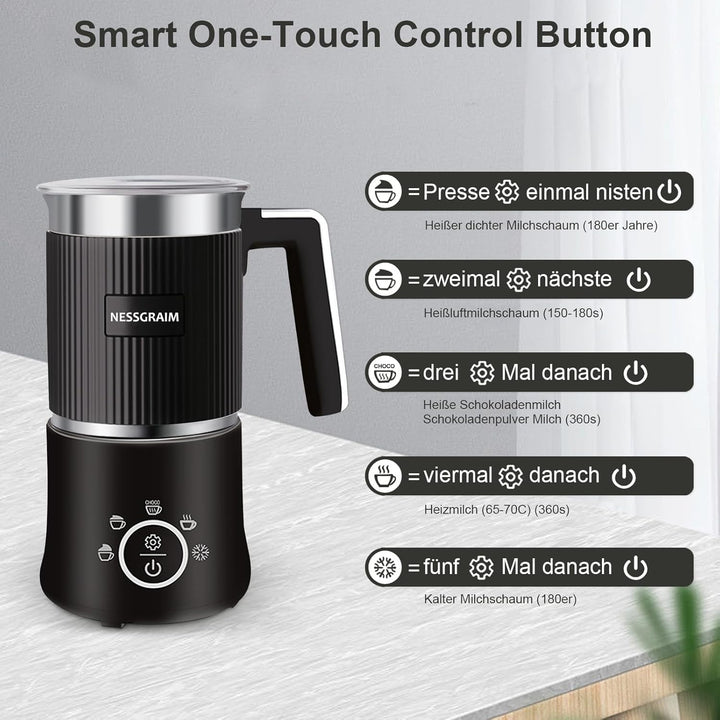 Milchaufschäumer Elektrisch 5-in-1, Milchschäumer Spülmaschinenfest mit Kakao Funktion für heisser S