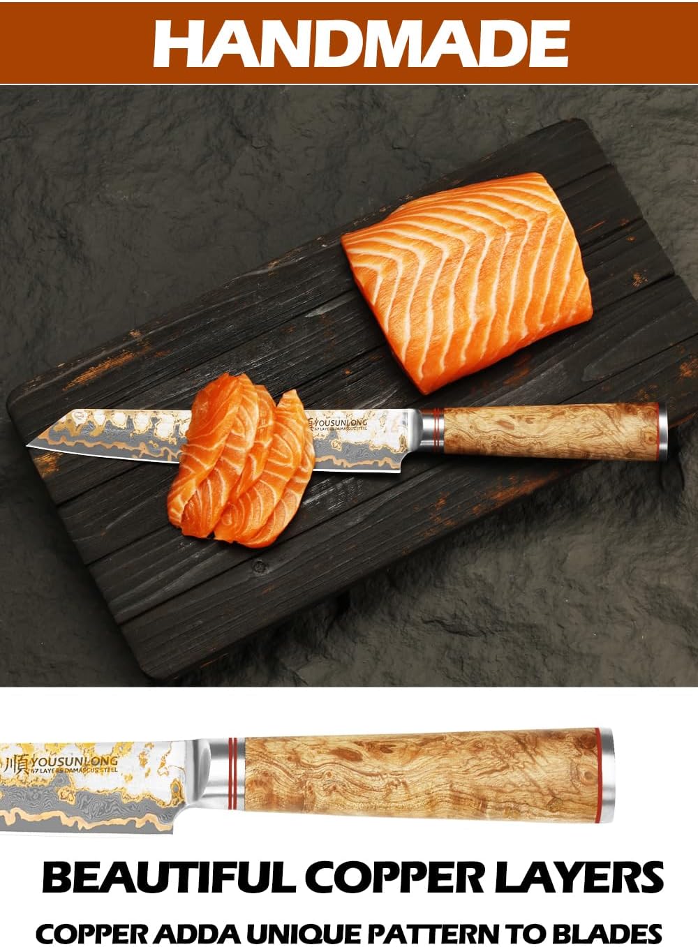 YOUSUNLONG Sujihiki Slicing-Messer,205mm Sashimi-Sushi-Messer,Handgefertigter Kupfer-Damaszener-Stah