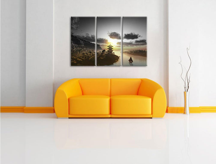 Pixxprint Chinesisches Haus am See / 3-Teilig/Gesamtmass 120cm Leinwandbild bespannt auf Holzrahmen/