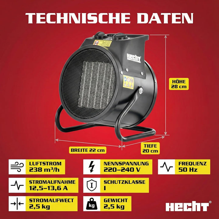 HECHT Keramik Heizstrahler (NEU) – Tragbare Heizer mit 2000W oder 3000 Watt – Thermostat – Überhitzu