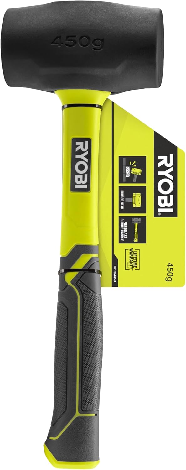 RYOBI Gummihammer mit Griff aus Hickory-Holz, schwarz, 450 Gramm RHHM450 Schlägel 450 g, Schläg