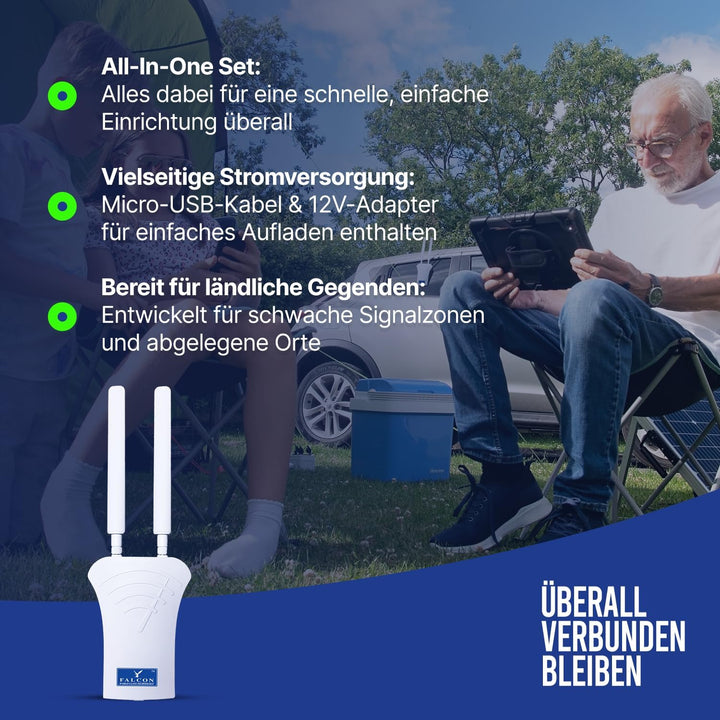 Falcon LTE Router 4G Combo LTE Antenne mit 150Mbit Mobiler WLAN Router und Zubehörpaket für Caravan