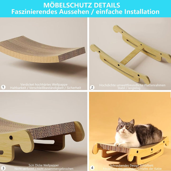 Gebogenes Kratzbrett &amp; Liegeplatz für Katzen – XL 50 cm Naturholzrahmen, Haltbares Wellpappen-Kratzb