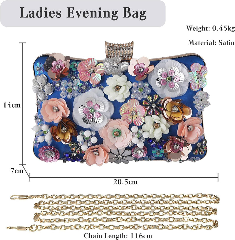 CORIOS Damen Blumen Abendtasche Shiny Strass Clutch Tasche Hochzeit Bag Kette Handtasche Elegante Sc