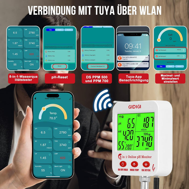 pH ppm Monitor WiFi Smart Wasserqualität Tester 8 in 1 pH-Messgerät EC Hydrokulturmessgerät pH TDS E