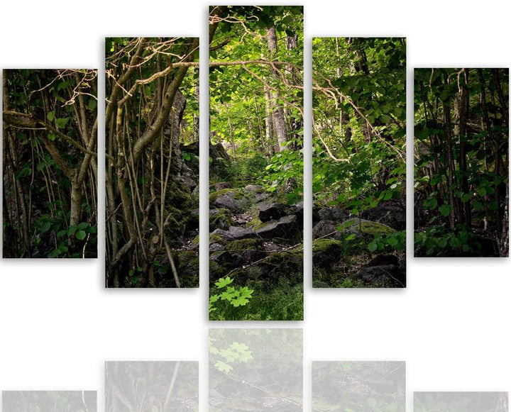 Feeby Wandbild XXL 5 Teilig Natur Leinwandbild Wald Bäume Landschaft grün 300x140 cm Leinwandbild 30