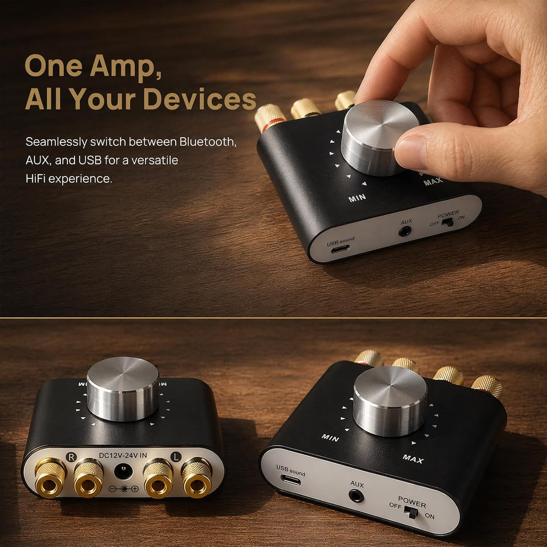 100W Mini Verstärker Bluetooth, Digital Power Amplifier HiFi Stereo Verstärker mit Netzteil, DC 12V-