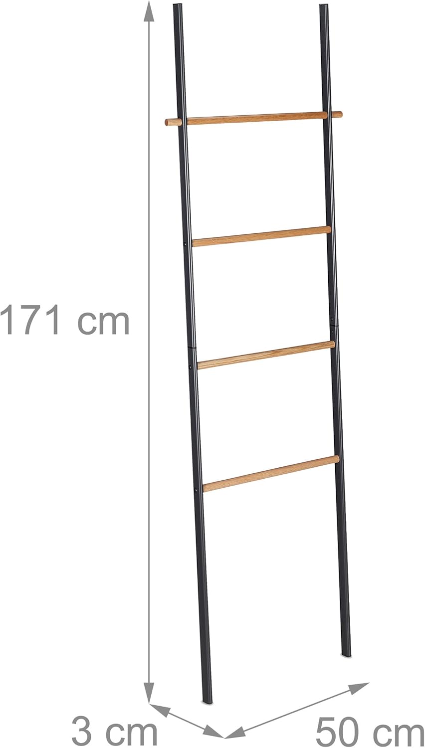 Relaxdays Handtuchleiter, Holz &amp; Metall, 4 Sprossen, Handtücher &amp; Kleidung, zum Anlehnen, 171x50x3 c