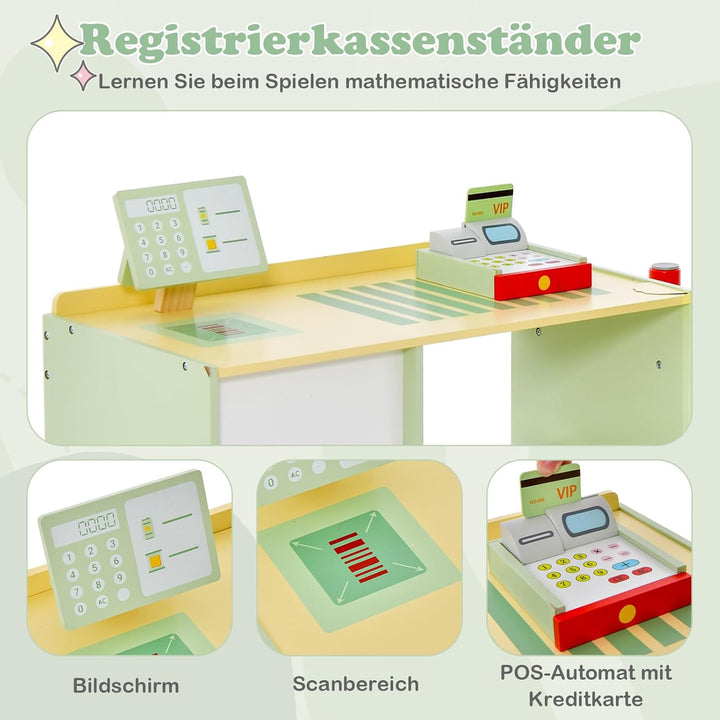 GOPLUS Kinder Kaufladen, Supermarkt aus Holz, Kaufmannsladen mit mit Kasse, POS-Automat & Verkaufsau