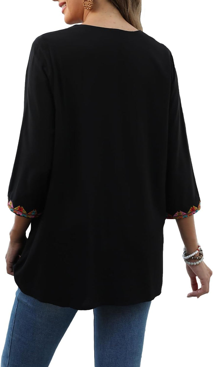 Seasonal Boho Tunika Damen Sommer Mexikanische Blumen Bestickt V-Ausschnitt Top 3/4 Ärmel Hippie Los