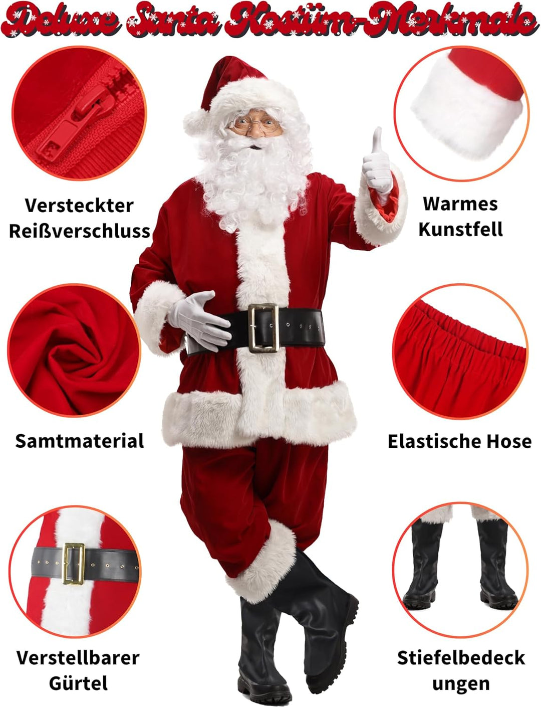 Ahititi Weihnachtsmann Kostüm Deluxe, Nikolauskostüm Santa Claus-Erwachsenenkostüm 10-Teilig, S