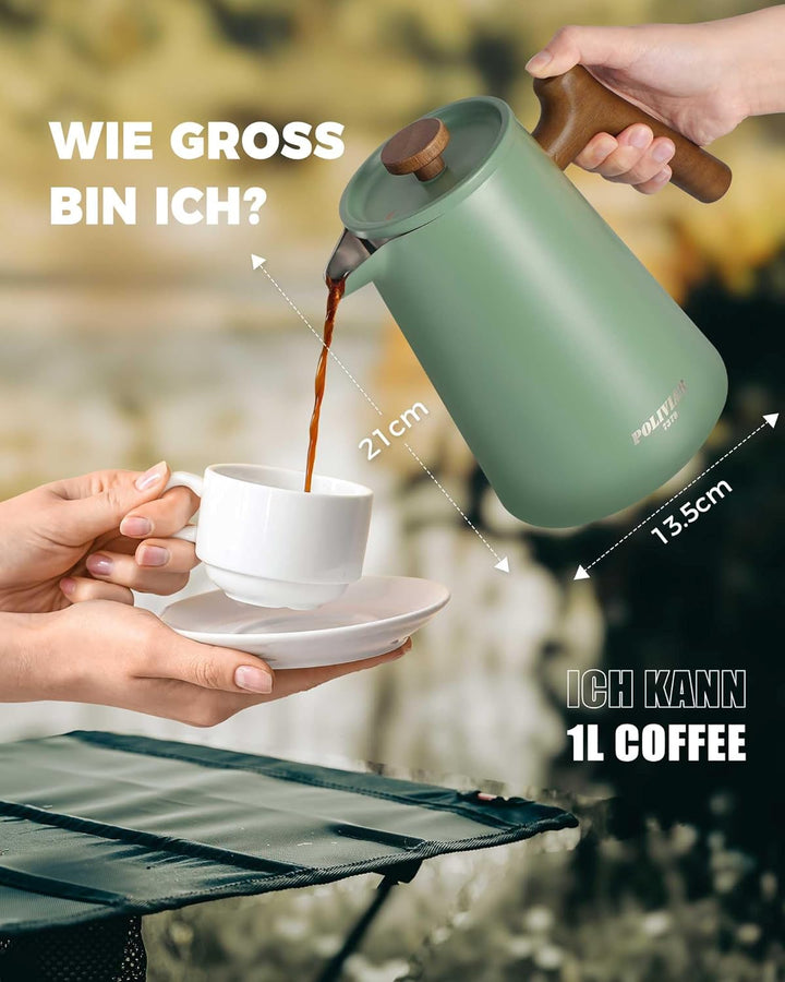 POLIVIAR 7379 French Press 1 Liter Edelstahl, Doppelwandige French Press Thermo Kaffeepresse mit Hol