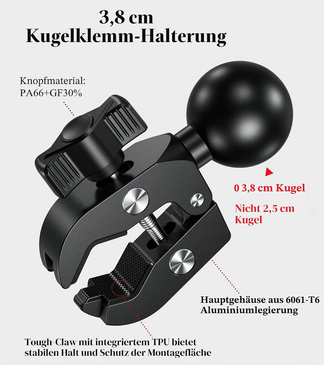 BRCOVAN 1,5-Zoll-Kugelhalterung mit Aluminiumlegierung Klemme, Passend für Lenkerrohre mit Einem Dur
