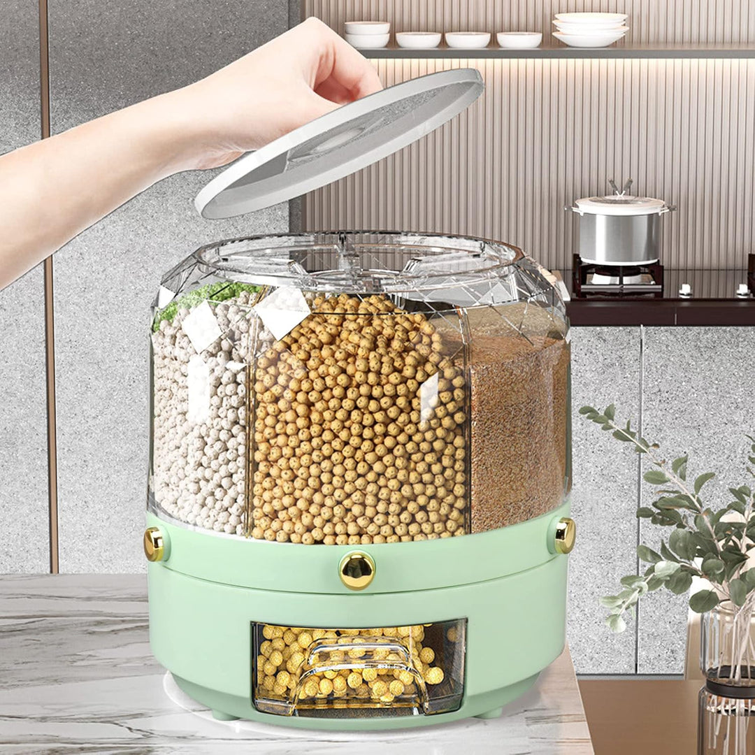Drehbare Körner Aufbewahrungsbox, 6 Gitter, 6 kg, 360 Grad drehbarer Reisspender für Reis, Bohnen, G