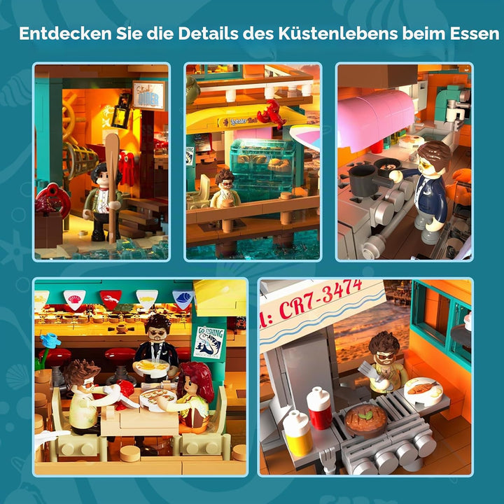 LUMIBRICKS Küsten-Seafood-Restaurant Beleuchtetes Klemmbaustein-Set, 2484 Teile Retro-Strandrestaura