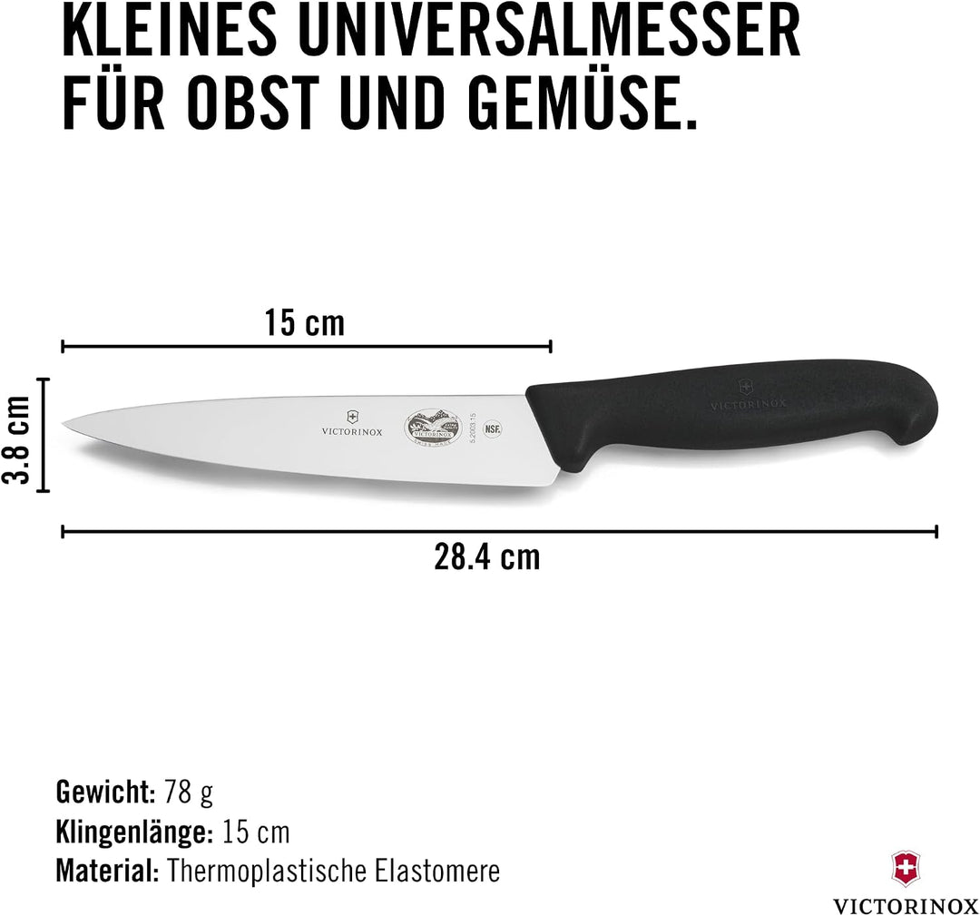 Victorinox Fibrox Kochmesser, Breites Universalmesser für Obst und Gemüse, 15 cm, Gerade Klinge, Sch