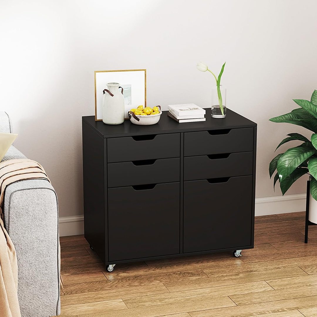 COSTWAY Rollcontainer mit 4 Schubladen und 2 Türen, Aktenschrank mit Rollen, Druckerständer, Bürosch