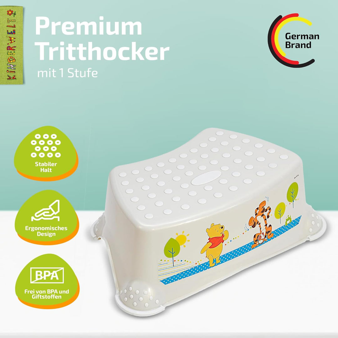 KiNDERWELT Premium Tritthocker für Kinder und Babys, Winnie Puuh Design in Perlweiss, Tritthocker St