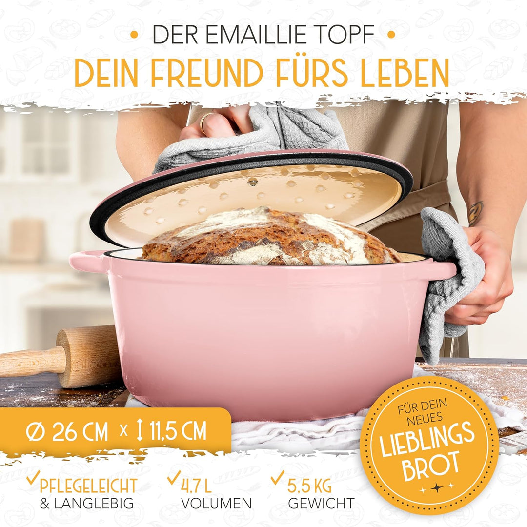 KRUSTENZAUBER Gusseisen Topf Brot backen emailliert inkl. Gärkorb - 26cm Emaille-Topf samt Zubehör -