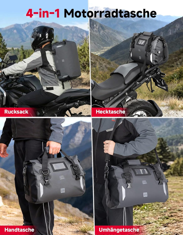 KEMIMOTO Motorrad Hecktasche 25L, IPX6 wasserdichte Motorradtasche Gepäckrolle mit Schnellverschluss