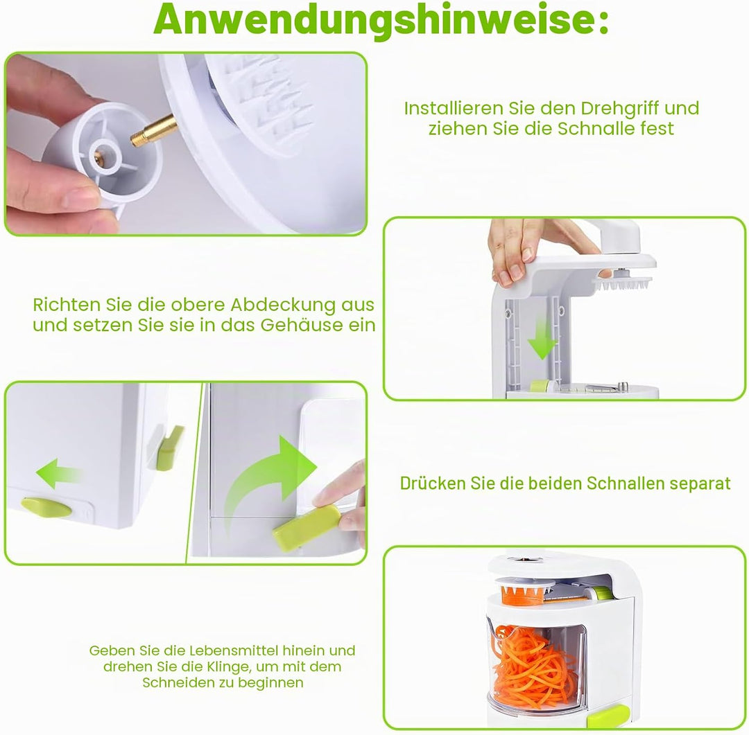 Spiralschneider Gemüse, 4 in 1 Zucchini Spaghetti Schneider mit Auffangbehälter, BPA-frei, Zucchini