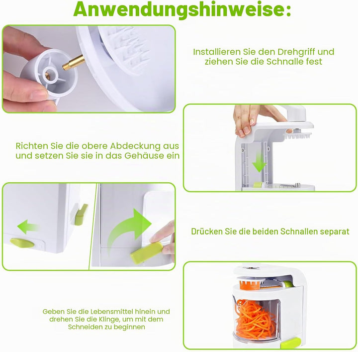 Spiralschneider Gemüse, 4 in 1 Zucchini Spaghetti Schneider mit Auffangbehälter, BPA-frei, Zucchini