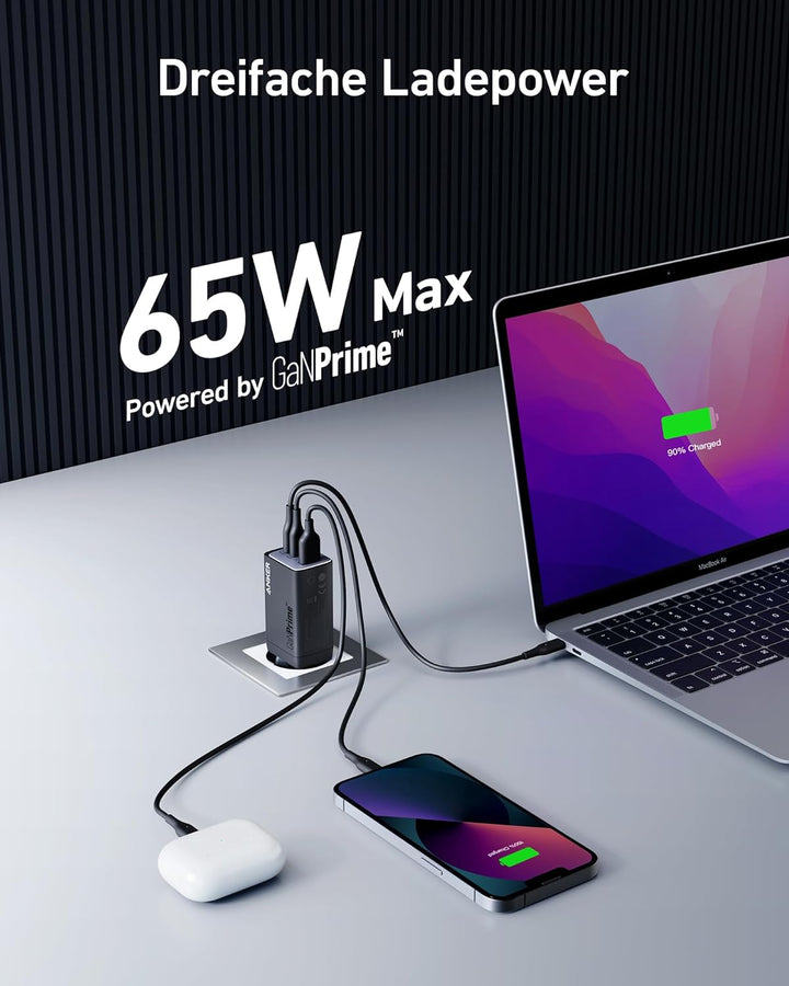 Anker USB-C-Ladegerät, 735 (GaNPrime 65 W), schnelles und kompaktes 3-Port für MacBook Pro/Air, iPad